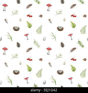 Motif sans couture de forêt avec des champignons, des fougères, des baies, des plumes et des feuilles d'automne sur fond blanc. Elément naturel dessiné à la main pour tissu Banque D'Images