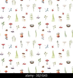 Motif botanique sans couture de forêt avec champignons des bois, fougères, baies, plumes et feuilles d'automne sur fond blanc. Elément de nature dessiné à la main Banque D'Images