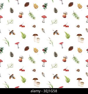 Motif botanique sans couture de forêt avec champignons des bois, fougères, baies, plumes et feuilles d'automne sur fond blanc. Elément de nature dessiné à la main Banque D'Images