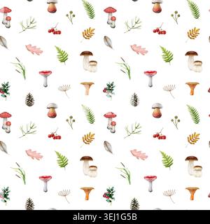 Motif sans couture de noyau de forêt avec champignons des bois, fougères, baies, plumes et feuilles d'automne sur fond blanc. Elément de nature dessiné à la main. Banque D'Images