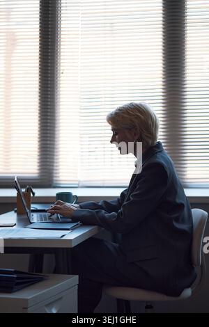 Plan vertical d'une femme d'affaires caucasienne d'âge moyen tapant sur ordinateur portable au bureau, travaillant dans le bureau et examinant des documents. Idéal pour la productivité, le leadership et la planification d'entreprise Banque D'Images