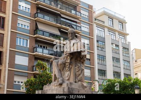 Valencia - Communauté valencienne - Espagne - 11-23-2025 : une statue en pierre altérée représentant un homme assis tenant une palette s'élève devant les balcons d'appartements, avec un pigeon perché sur la tête. Banque D'Images