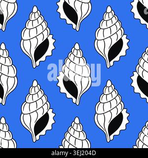 Motif sans couture avec des coquillages Triton blancs et noirs sur un fond bleu royal vif. Style de gribouillage méditerranéen audacieux, parfait pour les vêtements de resort d'été, les chemises pour hommes et la décoration nautique. Illustration de Vecteur