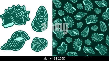 Motif sans couture et ensemble d'icônes tendance avec des coquillages mint néon sur un fond émeraude sombre. Deep Jungle Neon. Style cyberpunk moderne et résort tropical, parfait pour les imprimés de mode audacieux et les vêtements. Illustration de Vecteur