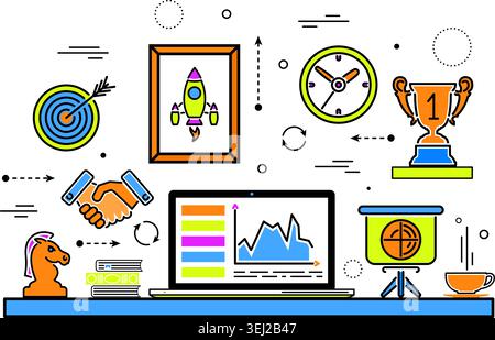 De fines lignes d'affaires Web Icon Set Couleur Flyer, Affiche, site Web comme ordinateur portable, Handshake, Trophy, cible Illustration de Vecteur