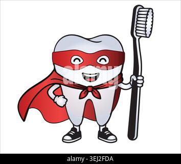 Un personnage de super-héros de dents de dessin animé mignon portant une cape rouge et un masque tout en tenant une grosse brosse à dents pour promouvoir des habitudes d'hygiène dentaire saines. Illustration de Vecteur