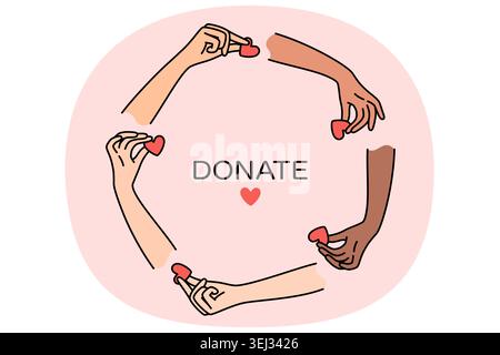 Faites un don de personnes aimables tenant le cœur dans les mains, métaphore pour donner de l'argent à une fondation caritative. Aider et donner du sang ou des organes pour sauver les patients sont victimes de maladie ou d'accident Illustration de Vecteur