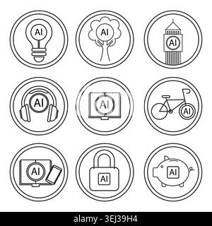 Collection d'icônes AI pour les concepts technologiques et l'innovation future. Intelligence artificielle dans la vie quotidienne, les affaires et l'industrie. Vecteur EPS 10. Illustration de Vecteur