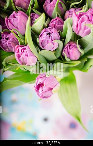 Grand bouquet printanier de tulipes doubles violettes roses sur fond pastel Banque D'Images