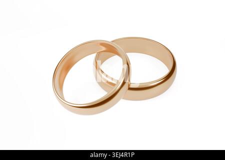 Couple de bagues de mariage en or sur fond isolé blanc, tir de studio minimal. rendu 3d. Banque D'Images