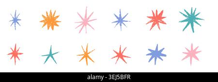 Étoiles de crayon dessinées à la main colorées avec texture d'esquisse de crayon pour la conception d'enfants. Mignon doodle éléments scintillants, gribouillis pastel et formes enfantines pour l'art scolaire, les motifs, la décoration et les arrière-plans. Illustration de Vecteur