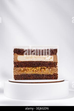 Nourriture, ce dessert comprend un gâteau au chocolat magnifiquement tranché présentant des couches de mousse au chocolat riche, une garniture de caramel crémeux, et une touche de van Banque D'Images