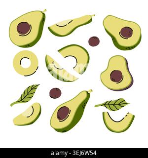Ensemble demi avocat et fruits tranchés. Illustration vectorielle de dessin animé isolée sur blanc. Ensemble de pièces d'avocat abstraites dessinées à la main. Illustration de Vecteur