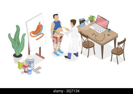 3D Isométrique plat illustration conceptuelle de la gastrectomie, chirurgie de l'estomac, procédure gastrique de perte de poids Banque D'Images