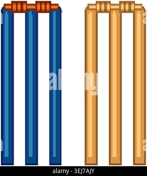 Illustration vectorielle de souches de cricket bleues et en bois avec des balles sur un fond blanc Illustration de Vecteur
