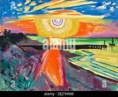 Max Pechstein (1881-1955) - coucher de soleil en mer - 1921 - représente une scène côtière au coucher du soleil, avec un quai s'étendant dans l'eau et un petit voilier. Banque D'Images