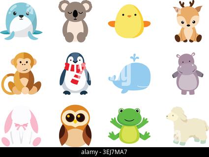 Un ensemble d'illustration plat coloré mettant en vedette de jolis personnages d'animaux de bébé, y compris phoque, koala, poussin, cerf, singe, pingouin, baleine, hippopotame, lapin Illustration de Vecteur