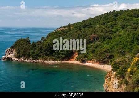 Une vue panoramique d'en haut de la plage isolée de Mogren à Budva, Monténégro nichée entre les falaises et les collines verdoyantes Banque D'Images