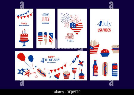 Motifs festifs du 4 juillet avec des icônes patriotiques et des couleurs américaines. Illustration de Vecteur