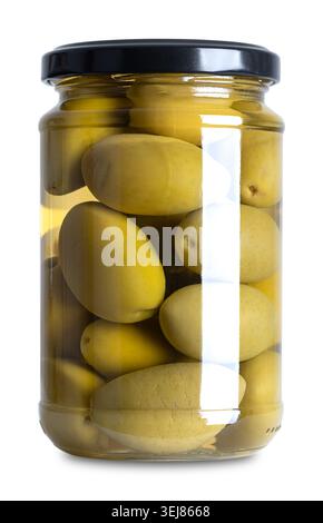Olives Cerignola avec des fosses dans un pot en verre avec bouchon à vis. Connue sous le nom de Bella di Cerignola, des olives de table italiennes entières et de grande qualité. Banque D'Images