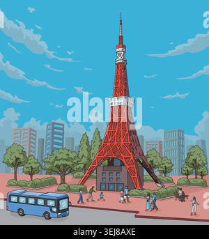 Illustration vectorielle de la tour de Tokyo avec des touristes et la skyline de la ville sous le ciel bleu Illustration de Vecteur