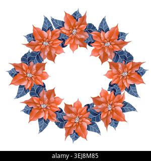 Une illustration aquarelle dessinée à la main d'une couronne ronde de vacances faite de fleurs poinsettia rouges vibrantes et de feuilles bleu foncé. Bel hiver festif Banque D'Images