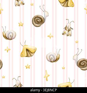 Mignon escargot Butterfly Moth étoiles rose rayé motif sans couture. Illustration aquarelle peinte à la main isolé sur fond blanc pour les enfants de bébé de pépinière Banque D'Images