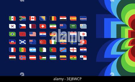 Ensemble vectoriel de drapeaux d'équipe participant à la Coupe Football 2026 organisés par groupes. Doté de motifs d'écussons arrondis modernes inspirés du tou officiel de 2026 Illustration de Vecteur