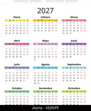 Calendrier annuel espagnol 2027 moderne pour l'Espagne conçu des sections mensuelles colorées et illustration vectorielle Illustration de Vecteur