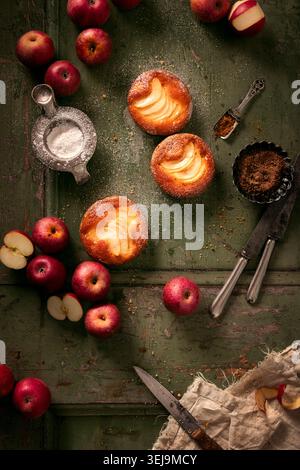 pose plate de mini galettes de pommes fraîchement cuites et stylisées avec du sucre glace et de la cassonade sur une porte en bois vert entourée de pommes rouges fraîches Banque D'Images
