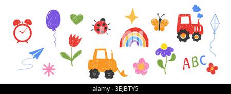 Craie griffonnage ensemble éléments enfantins, crayon crayon crayon crayon crayon crayon crayon crèche crèches icônes doodle. Bug préscolaire, étoiles, fleurs, jeux dans le style croquis. Illustration vectorielle Illustration de Vecteur