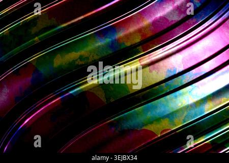 Arrière-plan de lignes courbes brillantes abstraites multicolores irrégulières sombres Banque D'Images