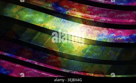 Arrière-plan de lignes courbes brillantes abstraites multicolores irrégulières sombres Banque D'Images