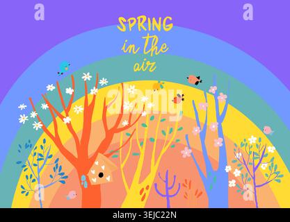 Cadre de dessin animé mignon avec des arbres en fleurs colorés dans le jardin de printemps Illustration de Vecteur