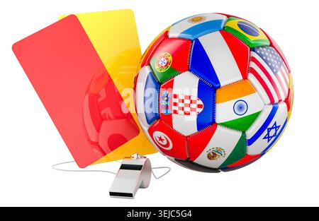Ballon de football international avec cartes d'arbitre et sifflet. Rendu 3D isolé sur fond blanc Banque D'Images