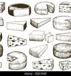 Modèle sans couture avec divers fromages dans le style de gravure vintage. Croquis à l'encre dessiné à la main. Illustration vectorielle Illustration de Vecteur
