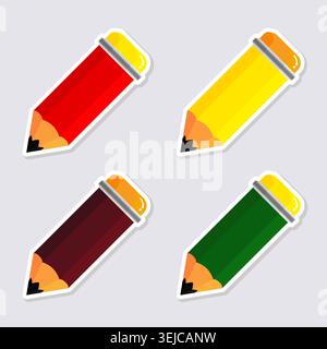 Quatre autocollants de crayon colorés en rouge, jaune, brun, vert, illustration de papeterie d'école vectorielle plate Illustration de Vecteur