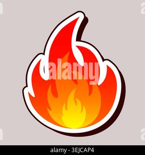 Autocollant de flamme de dessin animé avec dégradé jaune orange rouge, illustration vectorielle plate sur fond gris Illustration de Vecteur