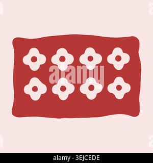 Illustration vectorielle dessinée à la main d'un oreiller rouge rectangulaire avec motif floral rose. Mignon élément de décoration de la maison confortable dans le style scandi plat isolé sur Illustration de Vecteur