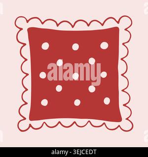 Oreiller carré rouge avec motif à pois et bords festonnés. Illustration vectorielle dessinée à la main du coussin décoratif confortable. Textile maison style scandi Illustration de Vecteur