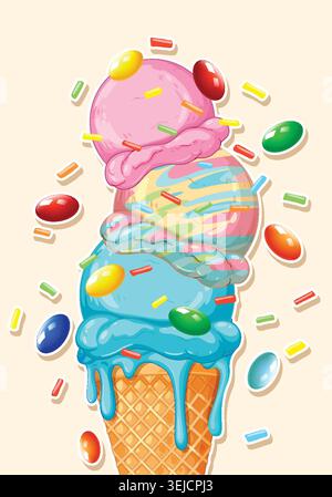 Illustration vectorielle vibrante de trois cuillères à crème glacée fondantes surmontées de saupoudres et de bonbons Illustration de Vecteur
