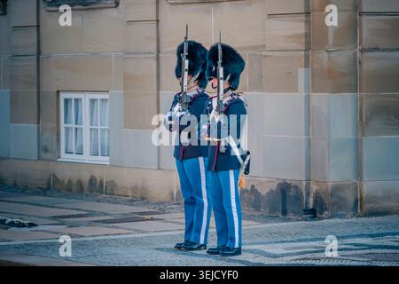 Gardes de vie royaux en service au palais d'Amalienborg, uniforme de l'armée royale danoise, chapeaux Bearskin, Copenhague Banque D'Images