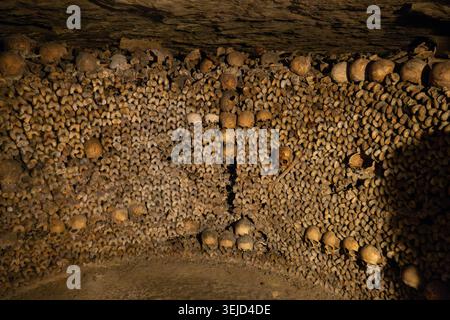 Paris, France - 8 novembre 24 : vue intérieure large d'une paroi ossuaire d'os et de crânes dans les catacombes de Paris, Paris, Île-de-France, France, montrant un Banque D'Images