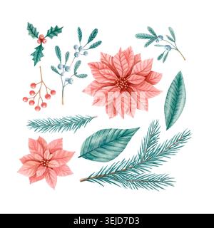 Collection d'aquarelle de Noël avec des fleurs de poinsettia, baies de houx, gui, branches de pin. Illustration botanique isolée Banque D'Images