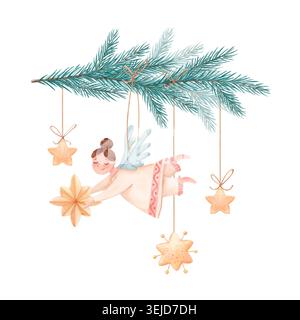 Branche d'arbre de Noël à l'aquarelle dessinée à la main avec jouets suspendus illustration isolée. Ange volant mignon et étoiles d'or clipart Banque D'Images