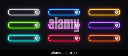 Ensemble de 9 boutons ronds lumineux néon avec des icônes de flèche sur fond transparent foncé. Éléments d'interface utilisateur colorés pour l'interface de jeu, le site Web ou la conception d'applications. Illustration de Vecteur