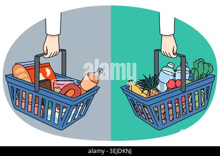 Paniers à provisions avec des produits sains et malsains Banque D'Images