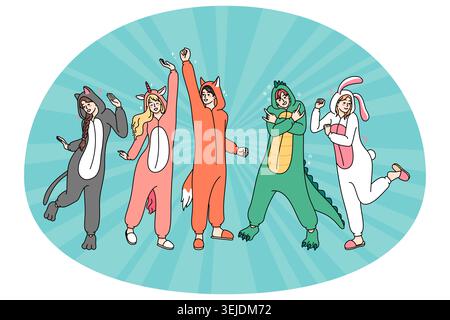 Des gens heureux en costumes d'animaux dansant Banque D'Images
