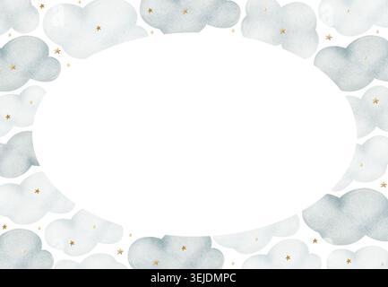 Illustration aquarelle de nuages bleus parmi les étoiles beiges. Cadre dans un style vintage pour enfants. Modèle horizontal pour cartes invitations de douche de bébé Banque D'Images