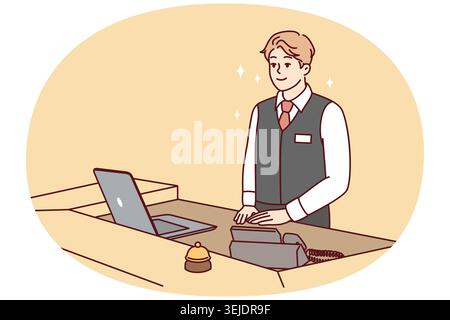 Un homme qui travaille comme réceptionniste à l'hôtel se tient derrière un comptoir avec un ordinateur portable et un téléphone. Image vectorielle Banque D'Images